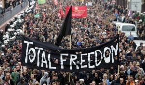 An anarchist march advocating total freedom, thematic to the Freedom of Conscience.