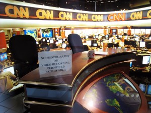An empty CNN broadcasting room.  CNN has recently been among the worst offenders, possibly even surpassing that of Fox News.